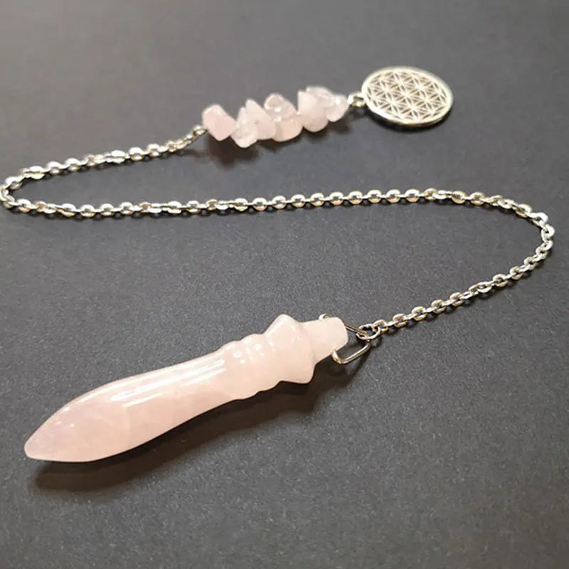 Natural Stone Pendant Pendulum for Divination Egyptian Thot Pink Quartz Crystal Pendulum Flower Of Charm Reiki Pendulo X364