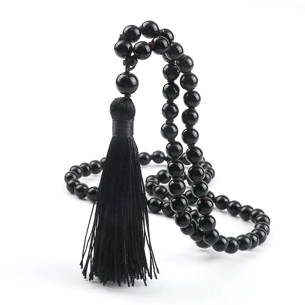 Obsidian Meditation Beaded Necklaces 6/8mm Shiny Black Onyx Men Knotted Stone Tribal Tassel Yoga Necklace Women Bohemian Jewelry