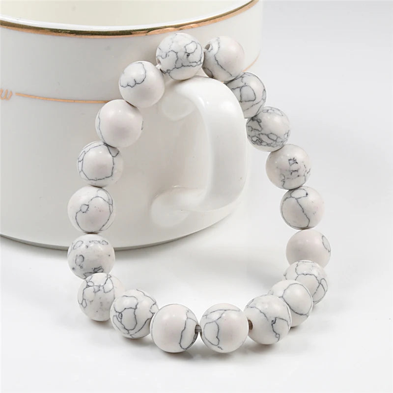 Charm Bracelet 6mm 8mm 10mm White Natural Stone Simple Women Men Elastic Strand Bracelets Meditation Prayer Jewelry Friend Gift