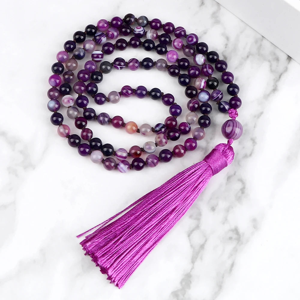 Women Mala Bohemian Tassel Necklace 108 Beads Natural Stone Purple Stripe Onyx Stone Beaded Necklace Buddhist Buddha Jewelry
