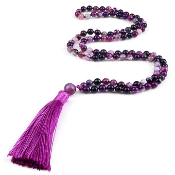 Women Mala Bohemian Tassel Necklace 108 Beads Natural Stone Purple Stripe Onyx Stone Beaded Necklace Buddhist Buddha Jewelry