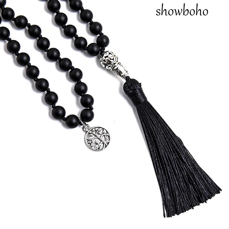 8mm Matte Black Agate Beads Knotted 108 Mala Necklace Meditation Yoga Declaration Tibetan Tassel Tree of Life Pendant Jewelry