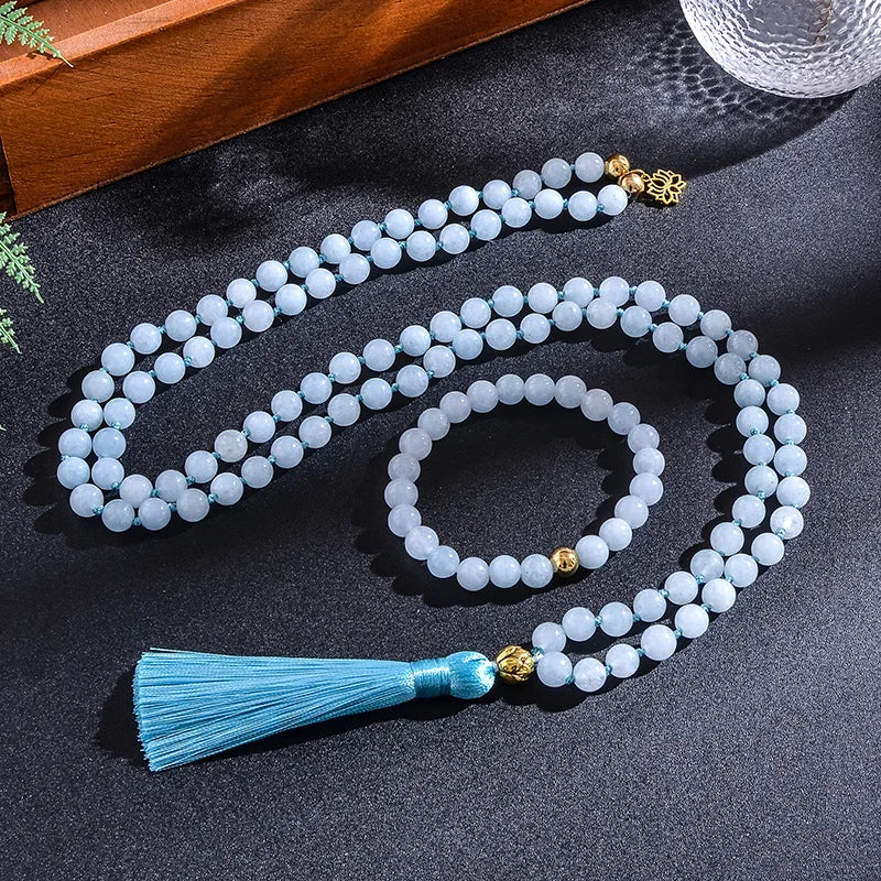 8mm Aquamarine 108 Mala Beads Necklace Bracelet Japamala Set Meditation Yoga Jewelry for Women and Men
