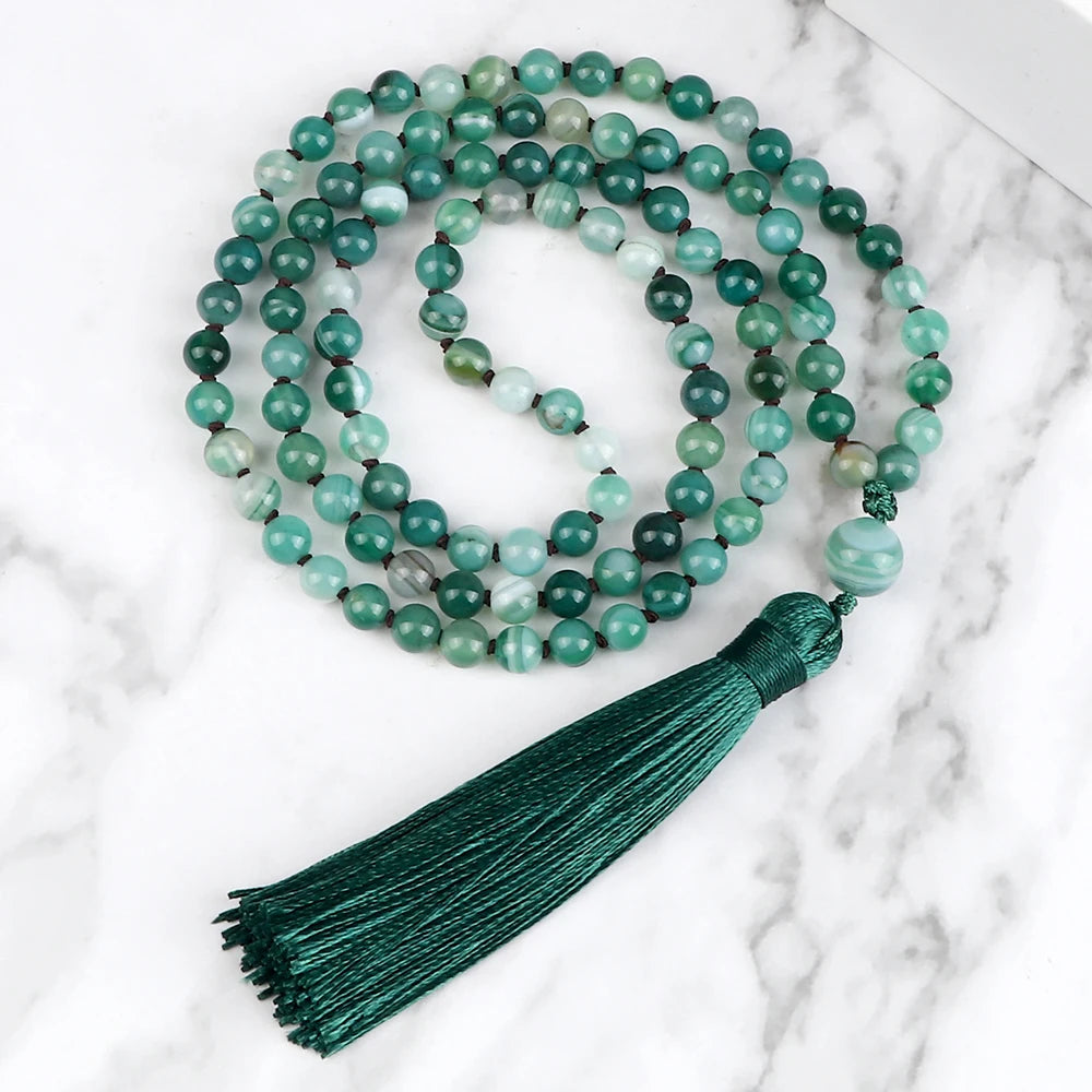 Fashion Green Agates Beaded Necklace 108 Beads Mala Natural Stone Knotted Long Tassel Necklace Yoga Meditation Spirit Jewelry
