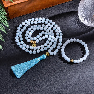 8mm Aquamarine 108 Mala Beads Necklace Bracelet Japamala Set Meditation Yoga Jewelry for Women and Men