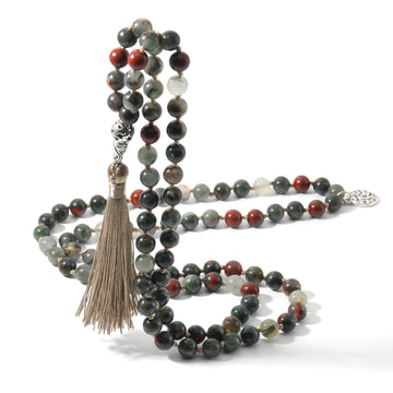 8mm Bloodstone Knotted 108 Mala Beaded Necklace Meditation Yoga Japamala Jewelry for Men and Women