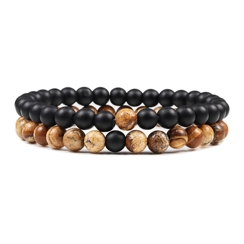 Hot 2pcs/Set Tiger Eye Black Lava Natural Stone Beaded Bracelets Couples Distance Bracelet Energy Elastic Rope Malachite Jewelry