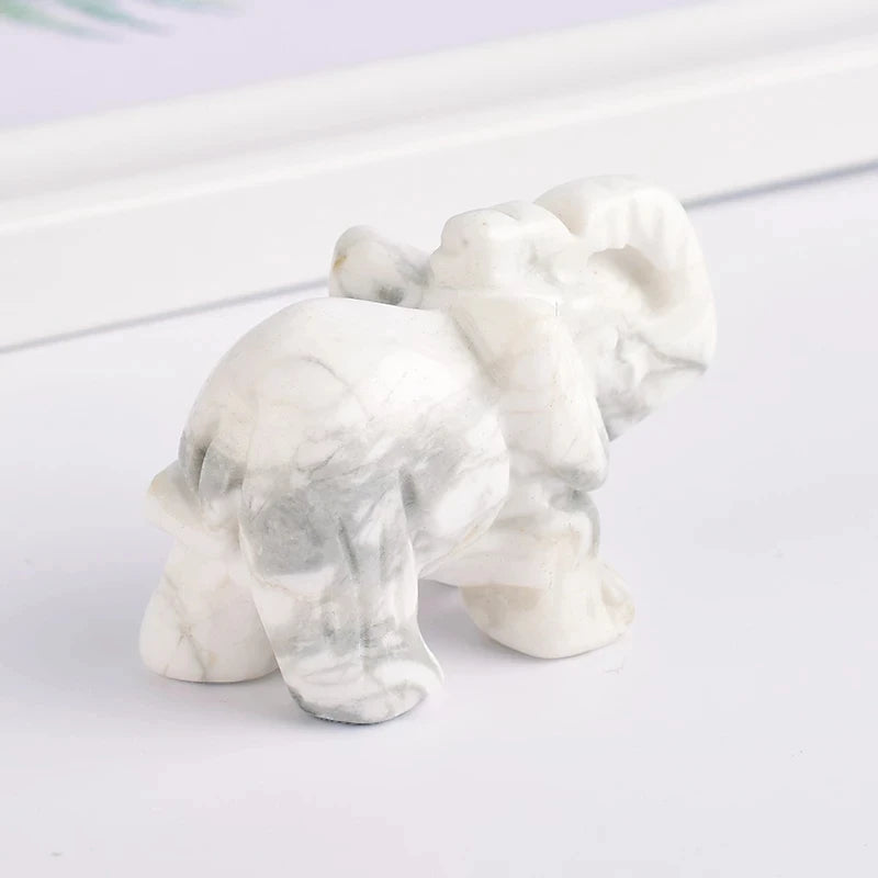 Hand Carved Elephant Figurine, White Howlite, Mini Healing Animal, Crystal Craft, Chakra Feng Shui, Home Decor, 1.5"