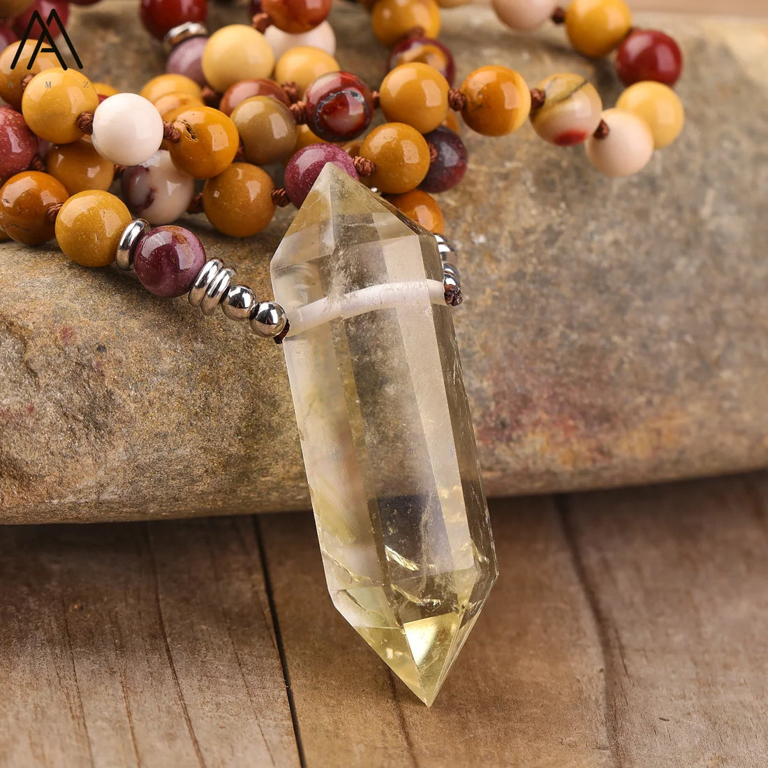 Natural Citrines Quartz Double Point Pendant Mookaite Jaspers 108 Mala Beads Cord Knotted Handmade Necklace Yoga Meditation Gift