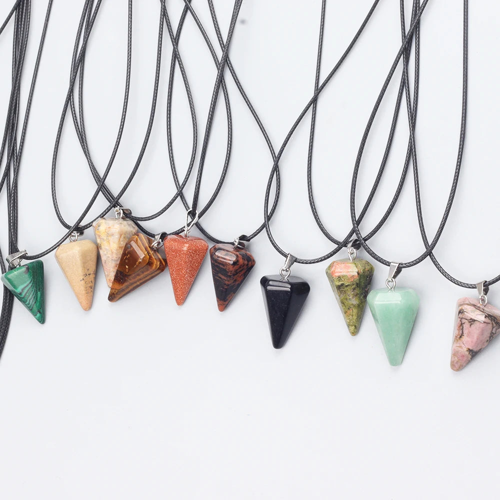 Natural Stone Hexagonal Cone Spirit Pendulum pendant necklace Set Healing meditation Protection Stone Love Pendant  Necklaces