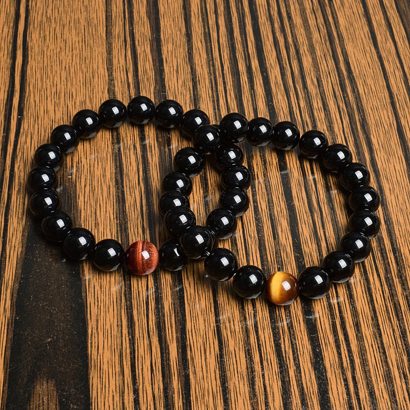 Natural Black Agates With Single Red Tiger Eye Stone Bead Bracelet for Men Gifts 6 8 10 12 MM Round Onyx Elastic Rope Bracelets