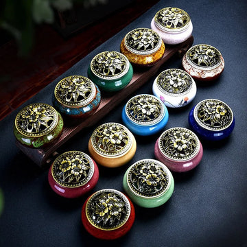 Ceramic ice crack plate incense burner, home decoration copper cover antique alloy incense plate aroma diffuser incense burner