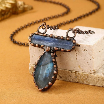Vintage Real Blue Labradorite Crystal Quartz Pendant Natural Gem Stone Long Necklace for Women Men Gothic Bronze Jewelry x371