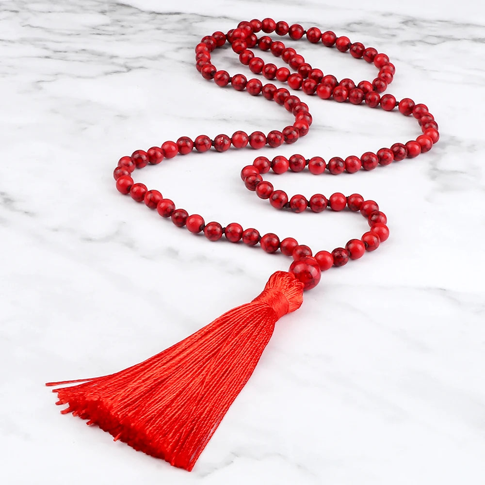 Bohemian 108 Mala Beads Necklace Vintage 6mm Synthetic Turquoise Tassels Rosary Prayer Necklaces Women Men Meditation Jewelry