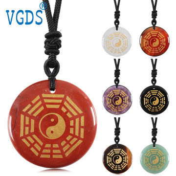 Chinese Fengshui Eight Diagrams Crystal Stone Pendant Rose Quartz Lucky Divination Chart Black Talisman Agate Jewelry Necklace