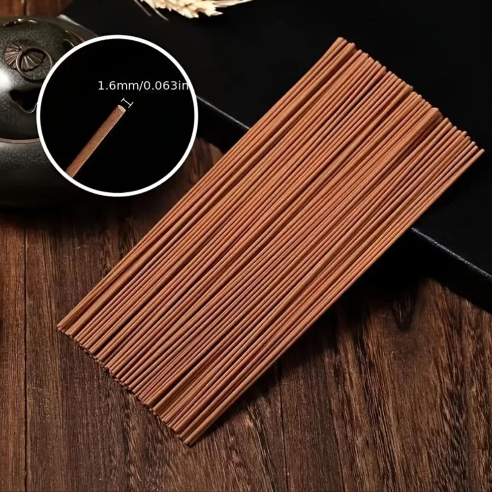 A Box of 500 Incense Sticks, 21cm Long, with the Scent of Sandalwood and Medicinal Mugwort, Suitable for Aromatherapy. They Were Placed on a Wooden Board, and the Board Was Placed on a Support. Home Decoration Products for Us