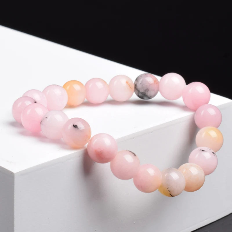 Natural Stone Pink Opal Beads Bracelet Women Rose Red Pink Stone Crystal Quartz Elastic Rope Bracelet Girl Energy Yoga Jewelry