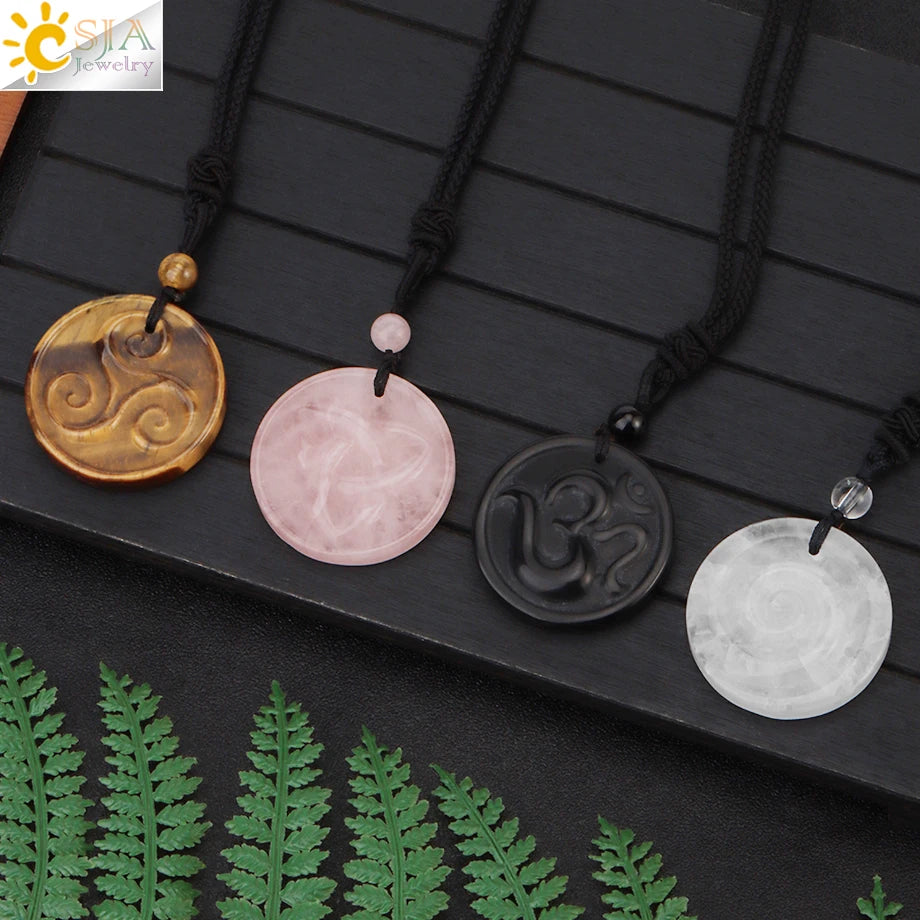 Natural Stone Crystal Pendant Rope Necklace Handmade Carved OM Healing Tiger Eye Clear Crystal Amethyst Shield Shape Amulet H242