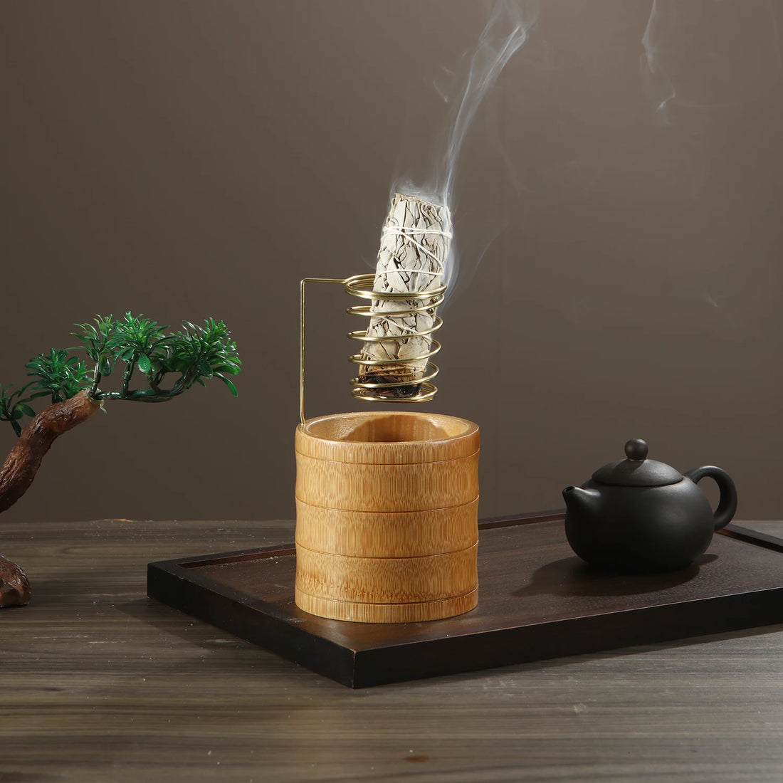 Bamboo Palo Santo Holder Metal Burner Sage Holder with Bamboo Ash Catcher Tray Incense Holder for Meditation Yoga Spa