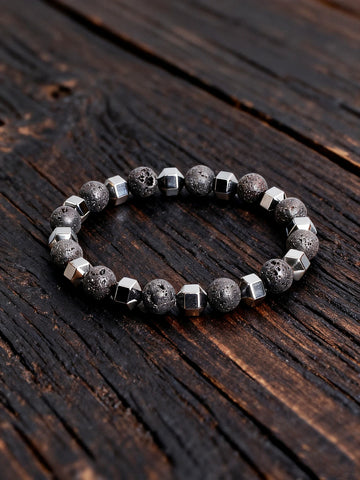Natural Stone Bracelet with Lava Rock Volcanic Stone and Faceted Hematite Bead for Vigour Protection Grounding & Courage Jewelry