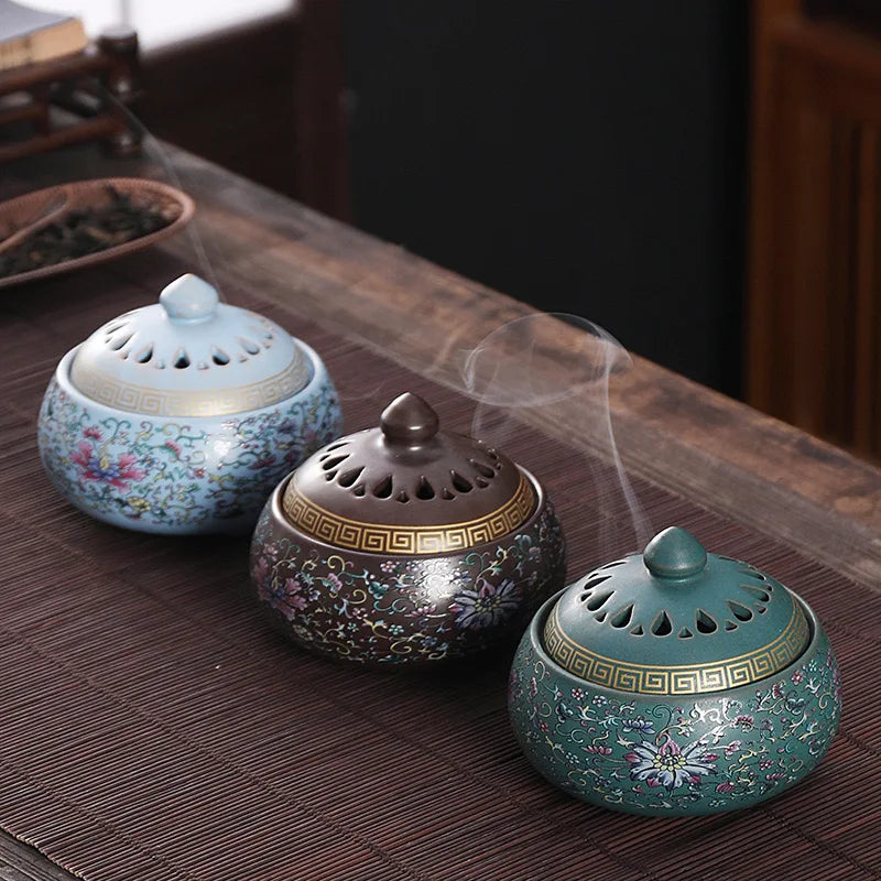 Chinese enamel colored high-end incense burner, home lotus incense holder with tangled branches, retro decorative incense burner