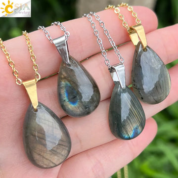 1pc Irregular Size Water Drop Labradorite Necklace Natural Stone Crystal Pendant Stainless Steel Chain Necklaces Jewelry H650