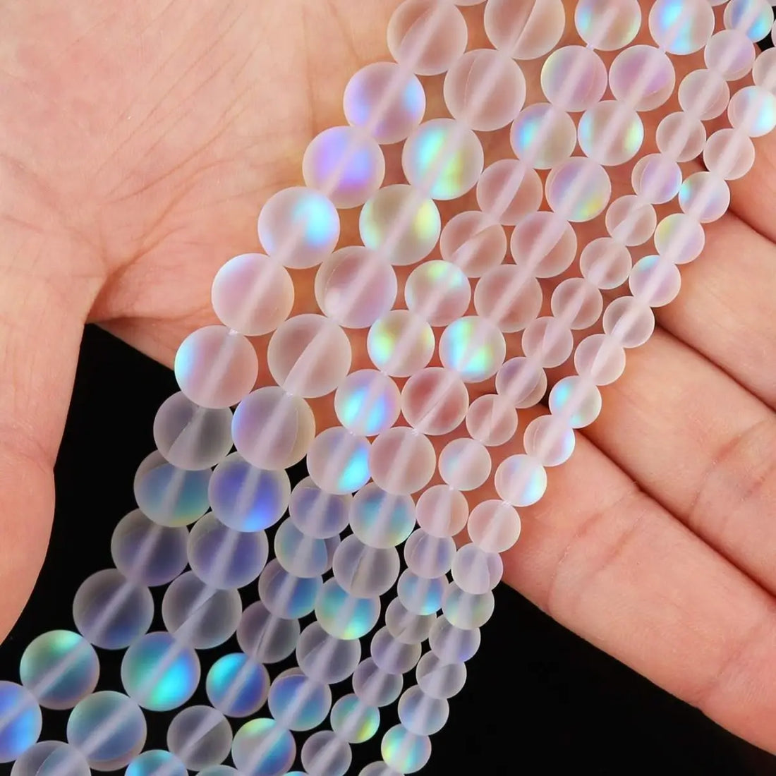 Matte White Aurora Crystal Glass Beads, 6/8/10MM Frosted Glitter Shining Mermaid Round Loose Beads, Rainbow Holographic