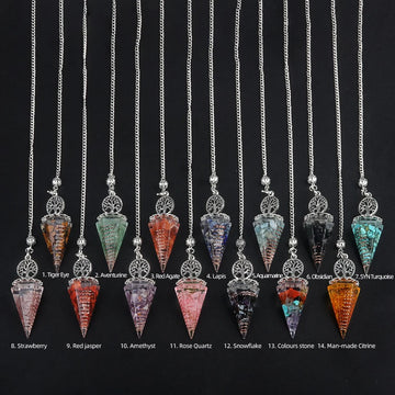 1pc Natural Chakra Healing Crystal Dowsing Pendulum Reiki Stone Chips Orgone Pendulum Pendule Spirituel Tree of Life Jewelry