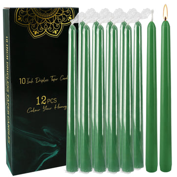 12 Pcs 10inch Green Rod Wax, Drip-Free, Smoke-Free, Fragrance-Free, Home Dinner Candles, Hand-Pulled, High-Quality, Suitable for Church, Family, Wedding, Party, Seasonal Celebrations, Emergency Situations and Home Decorations