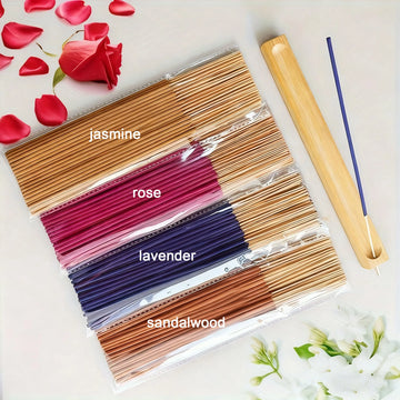 100/200/400 High-Quality Strong-Scented Incense Sticks, Rose, Jasmine, Lavender and Sandalwood Incense Sticks, Wooden Incense Holder, Relax the Mind, Freshen the Air, Yoga, Meditation, Sleep, Household Items, Holiday Gifts