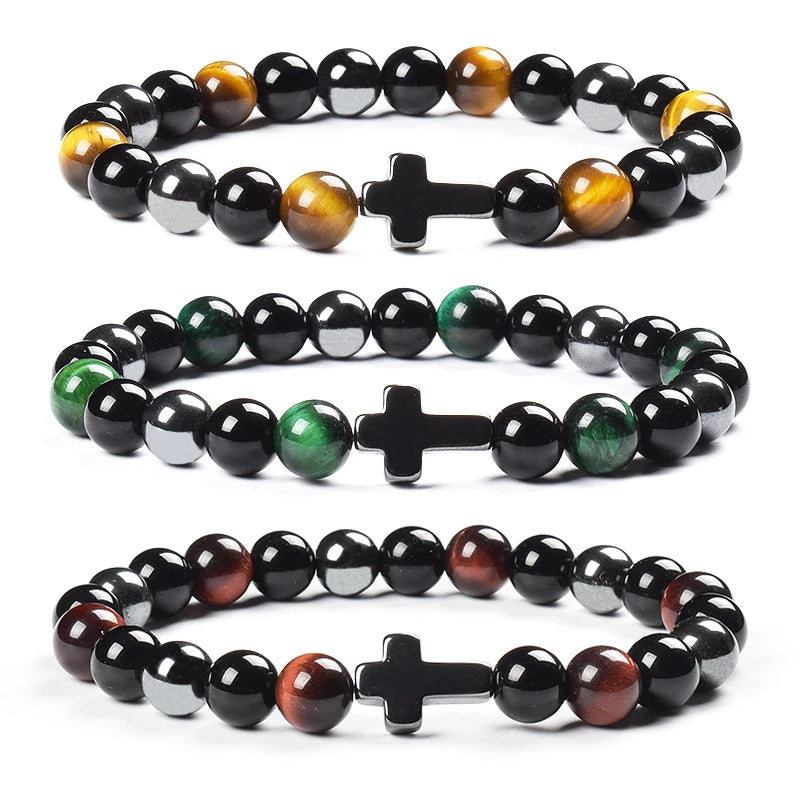 Triple Protection Bracelet Bring Luck Natural Hematite Slimming Black Obsidian Tiger Eye Stone Beads Women Men Cross Bracelets