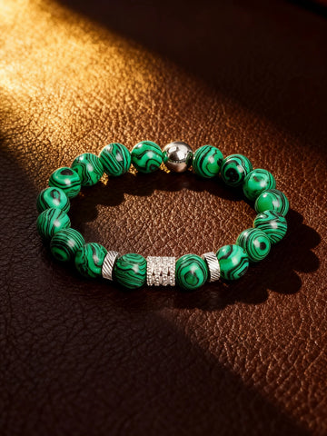 Malachite Bracelet Beaded 10mm Green Stone Natural with Stainless Steel Cylindrical Beads for Energy Healing Reiki Charm Jewelry