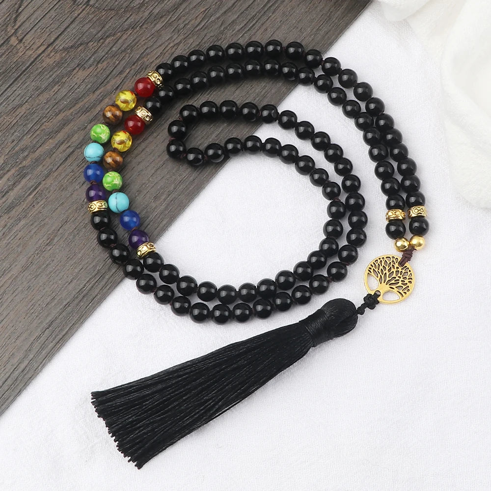 Tiger Eye Stone Beads Life Tree Necklaces Fahion 108 Mala Natural Stone Onyx Beaded 7 Chakra Necklaces Women Men Jewelry Gifts