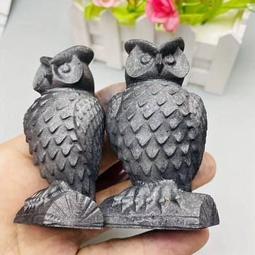 Natural Stone Natural Shungite Owl Crystal Figurine Hand Engraving Carving Animal Quartz For Jewelry Modern Home Decoration