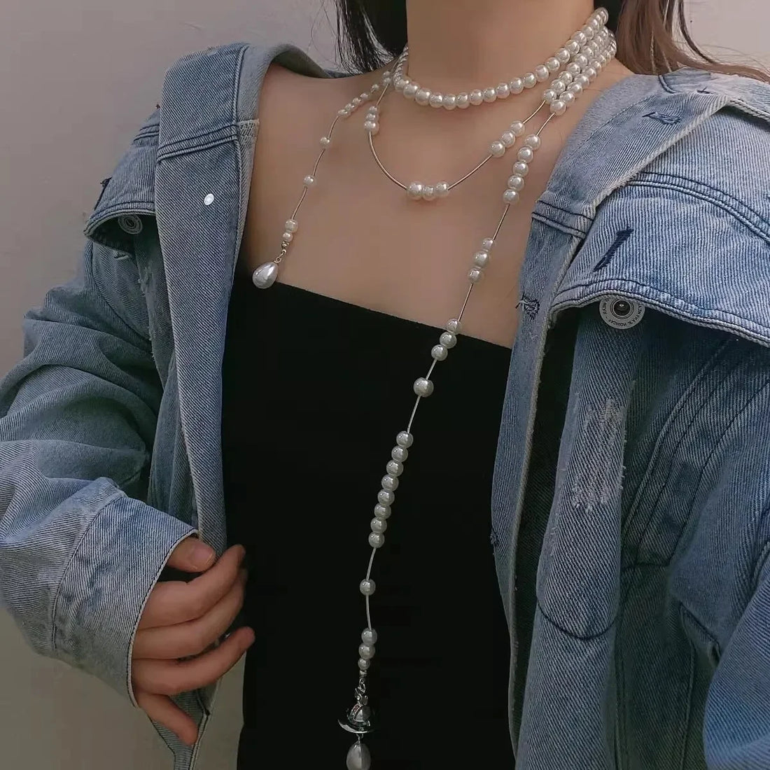 Asymmetric Three-Layer Pearl Sweater Chain Necklace Women's French Style Empress Multi-Layer High-End Clavicle Necklace