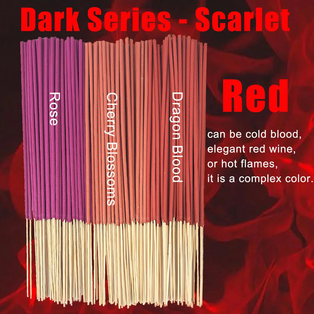 Dark Series 5 Types of 8.7-Inch Bamboo Incense Sticks, Dark-Themed Main Elements Include Scarlet, Desolation, Darkness, Pale, Deep Blue, Scents Include Lavender/Lemongrass/Mint/Rose/Jasmine/Vanilla/Dragon's Blood/Sage/Sandalw