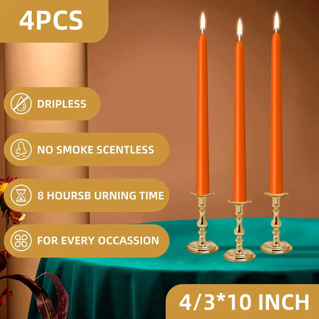 4 Pieces 10inch Orange Wax, Drip-Free, Smoke-Free, Fragrance-Free, Home Dinner Candles, Hand-Pulled, High-Quality, Suitable for Church, Family, Wedding, Party, Seasonal Celebrations, Emergency Situations and Home Decorations,