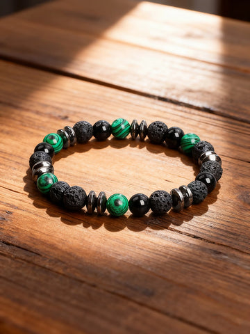 Natural Stone Healing Bracelet with Green Malachite Onyx Volcanic Lava Beads for Energy Balance Reiki Therapy Charm Jewelry Gift
