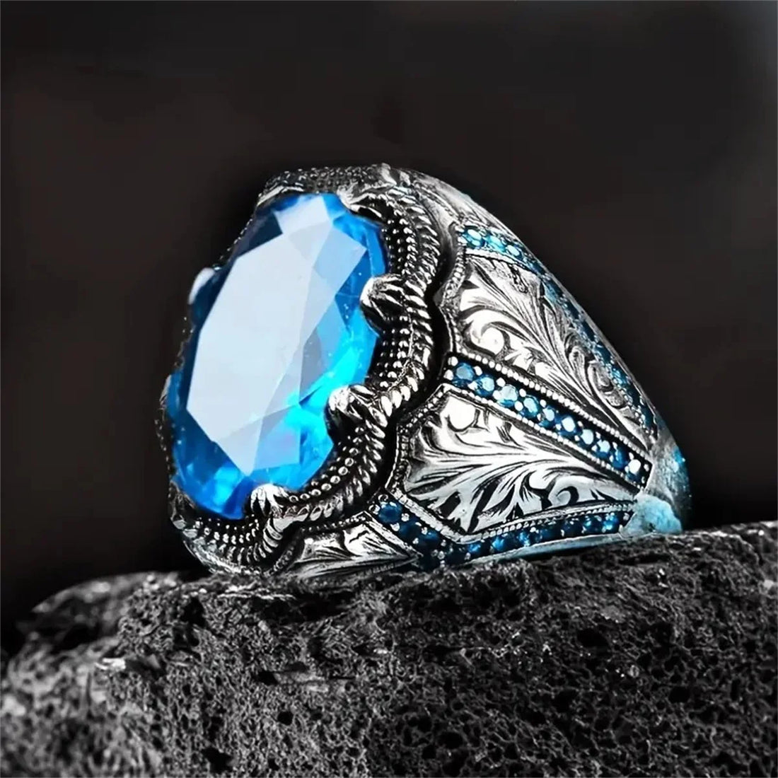 Retro Handmade Turkish Signet Ring For Men Vintage Ancient Silver Color Carved Blue Zircon Ring Punk Motor Biker Muslim Jewelry
