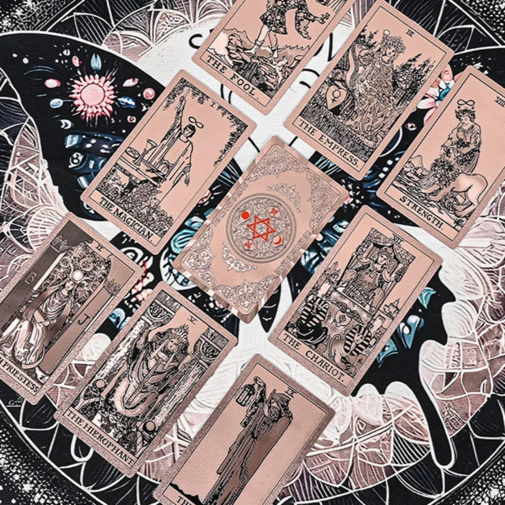 Hexagram Gold Foil Tarot Cards with Rose Pattern, 12*7cm 78 Cards Rider Tarot Deck, with Paper Instruction Guide
