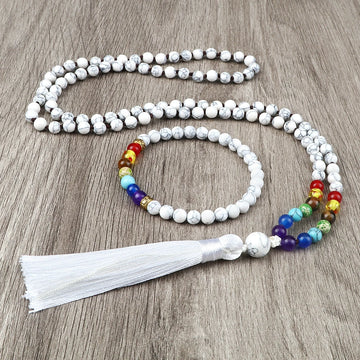 108 Japamala 7 Chakra Beads Necklace Set Fashion 6mm Howlite Stone Bracelets Handmade Knotted Necklaces Yoga Meditation Jewelry