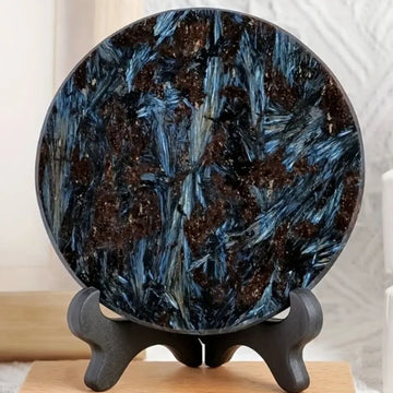 Natural Black Astrophyllite Stone Round Plate Circular Mirror Design Collection Crafts for Table Decoration with Stand