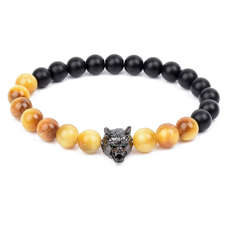 Bracelet Men Black Matte Agates Bead Vintage Yellow Red Blue Tiger Eye Natural Stone Hand Medieval Wolf Head Accessories Jewelry