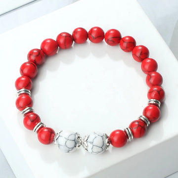 Minimalist Red Synthetic Turquoise Beads Bracelet with 10mm Tiger Eye Stone Black Lava Onyx Stretch Bangles Yoga Meditation Gift