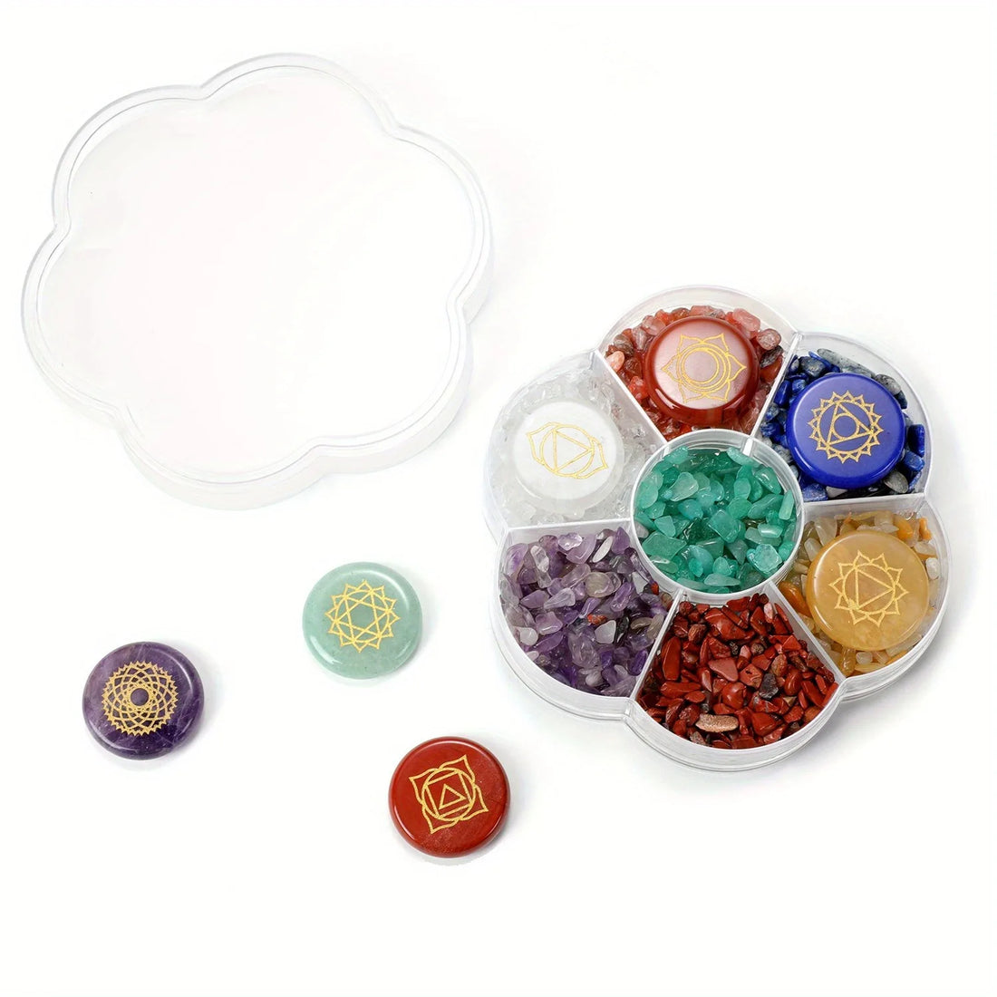 1box/set 7 Chakra Stones Natural Crystals Gemstones with Engraved Chakra Symbol Tumbled Polished Chakra Stone Meditation Crystal