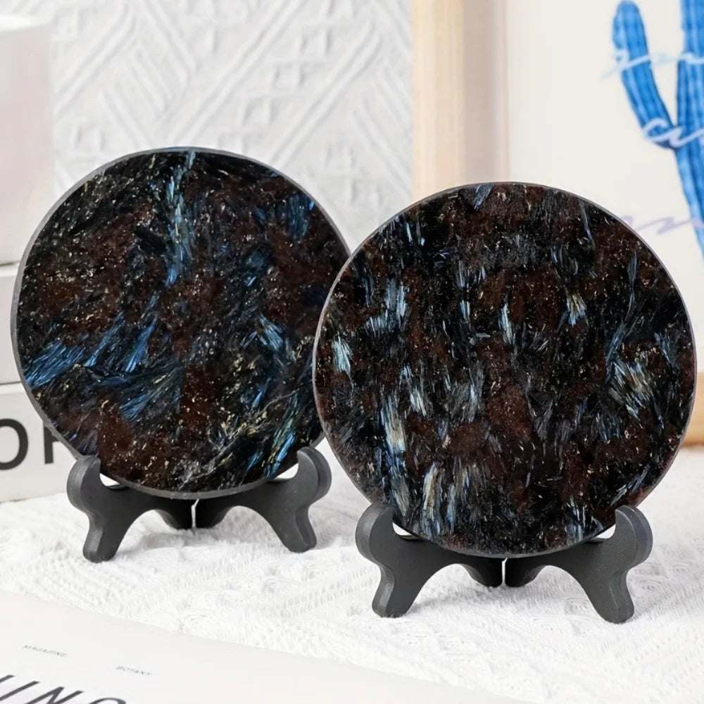 Natural Black Astrophyllite Stone Round Plate Circular Mirror Design Collection Crafts for Table Decoration with Stand