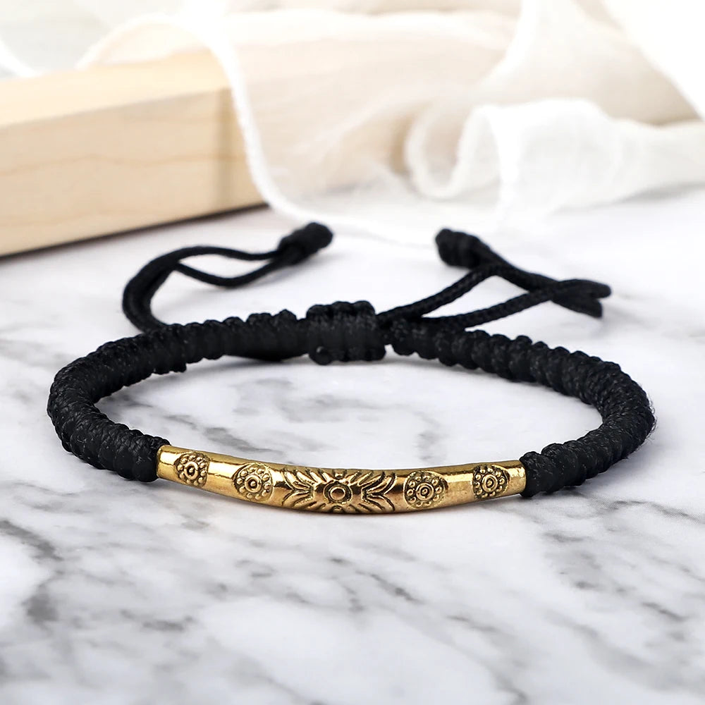 Vintage Tibetan Buddhist Bracelet Charm Carved Flower Metal Multi Colors Thread Braided Bracelets Handmade Bangle Ethnic Jewelry