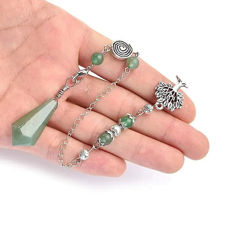 Natural Stone Green Aventurine Dowsing Pendulum Scrying Divination Healing Hexagonal Pointed Tree of Life Crystal Pendulums X058