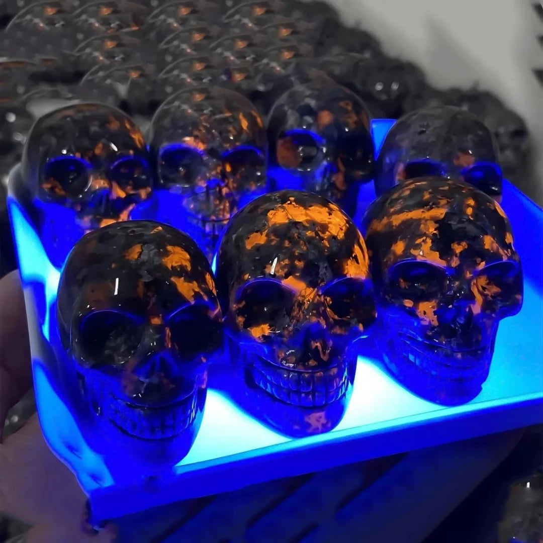 Natural Crystal Skull Yooperlites Carved Skull Statue Craft Fire Stone Figurine Powerful Witchcraft For Halloween Decor Gift