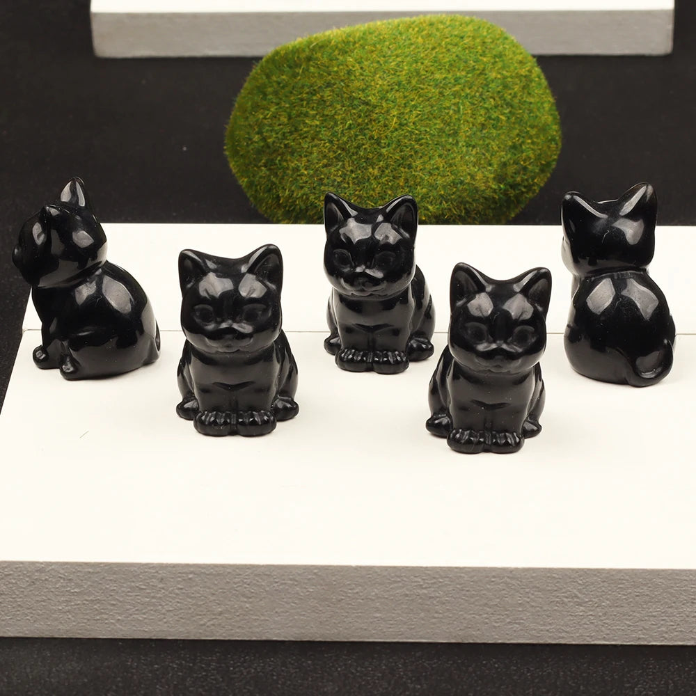 1.5" Obsidian Cat Hand Carved Energy Stone Wild Animal Pet Figurine Crystal Kitten Craft Chakra Healing Home Garden Decor